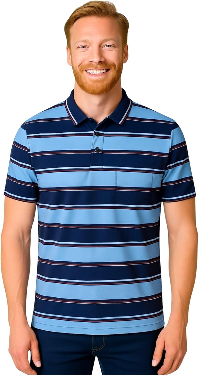 Men's short sleeve striped polo shirt navy_sky_red colour