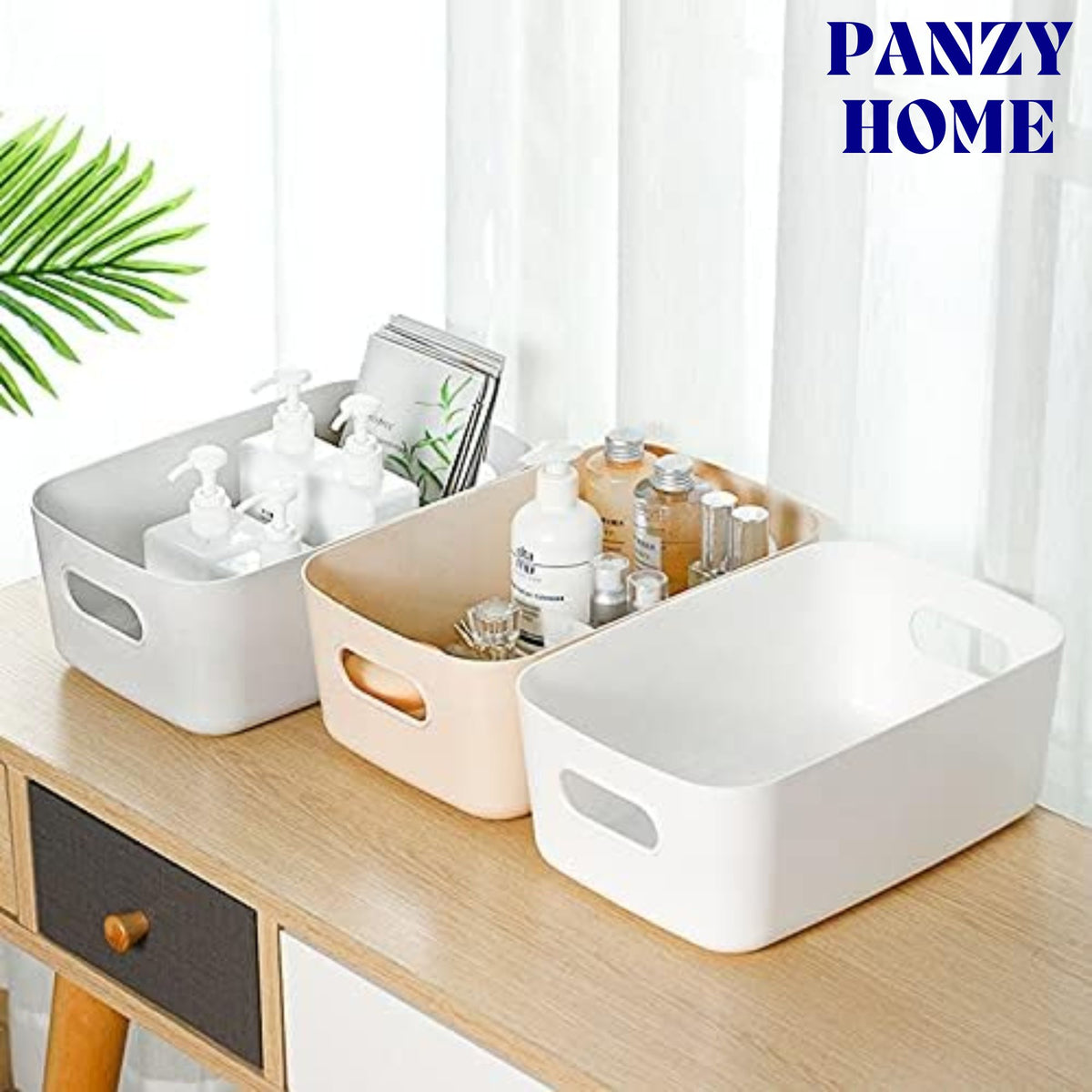 Storage baskets containing skincare or cleaning products 