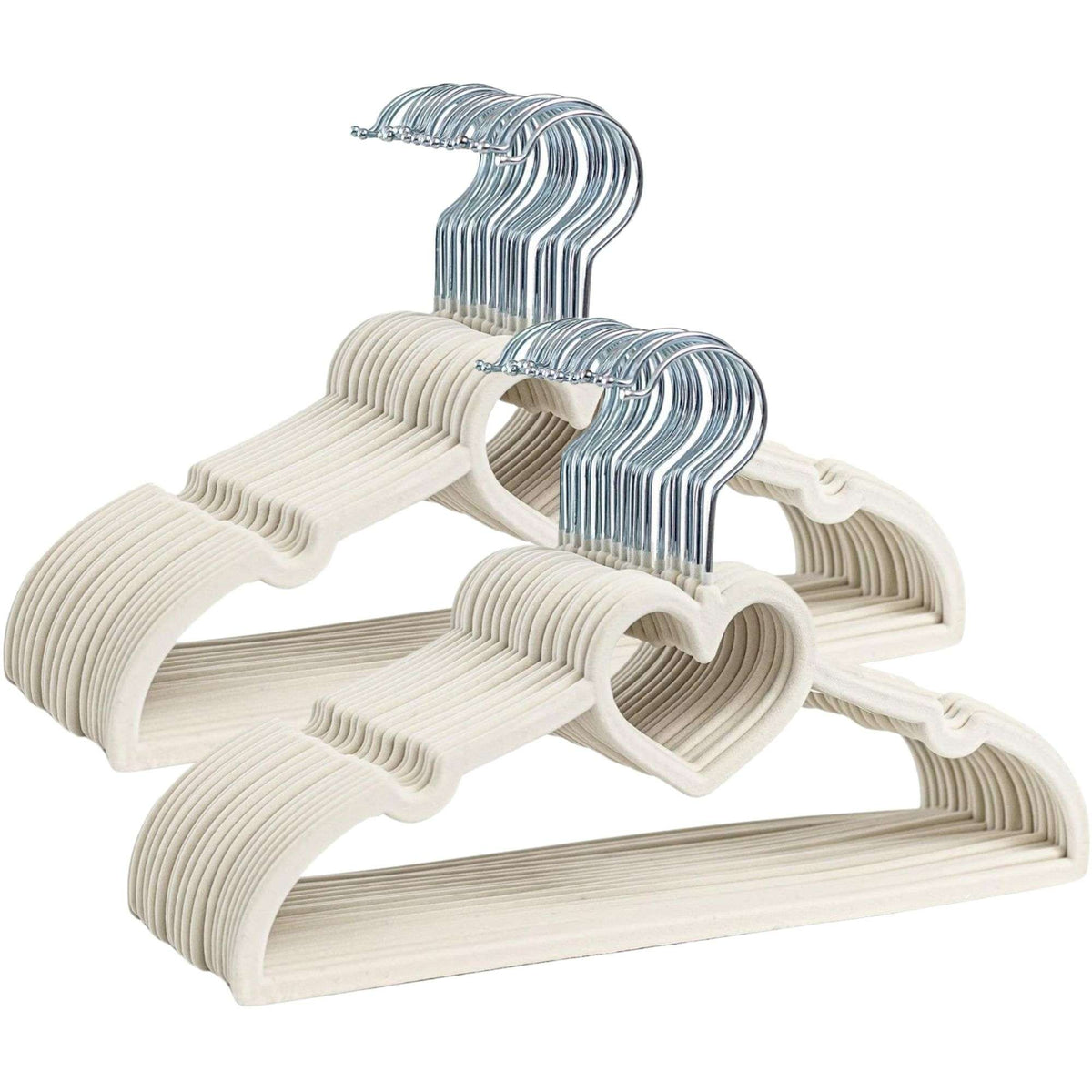Set of beige kids velvet hangers with blue hooks on a white background