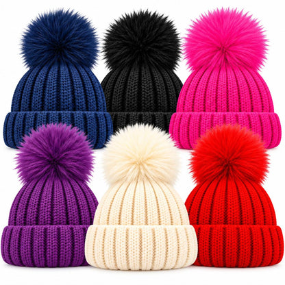 Women's Winter Ribbed Beanie with Faux Fur Pom Pom | Heat Machine Thermal Knit Hat