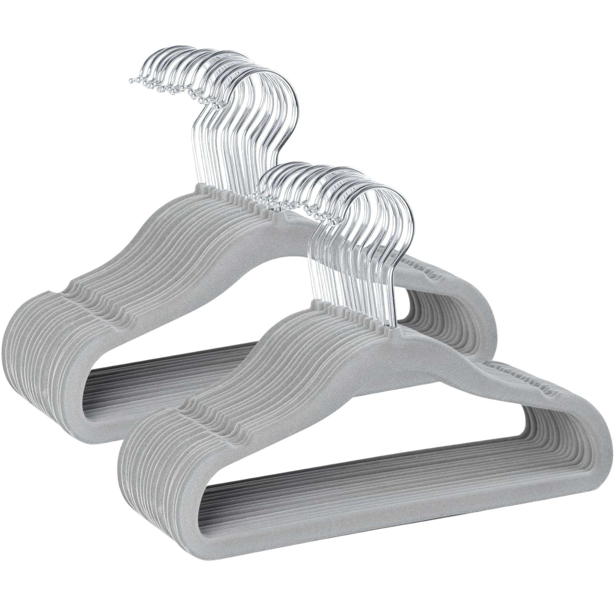Set of gray kids velvet hangers with clear hooks on a white background