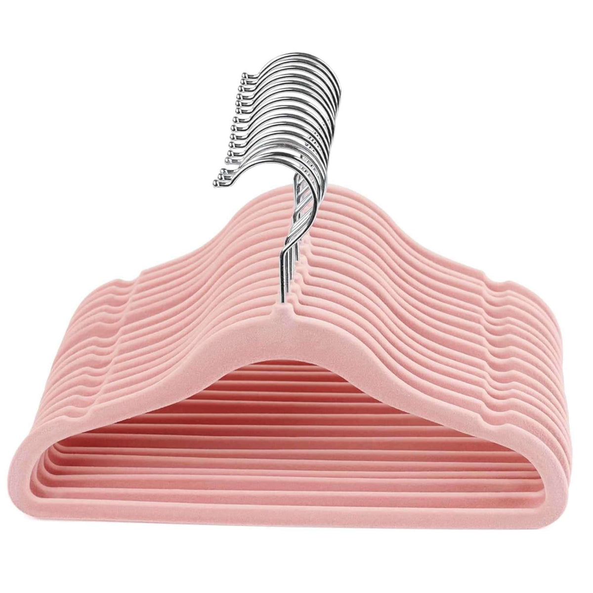 Set of pink kids  velvet hangers with a chrome hook on a white background