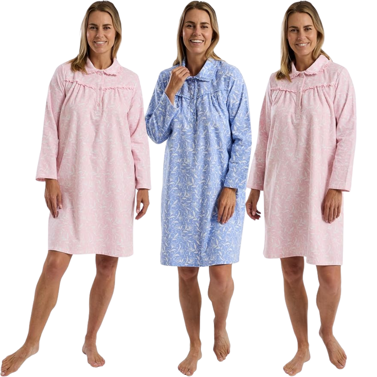 Three women wearing long-sleeve nightgowns in pink, blue, and pink patterns on a white background.