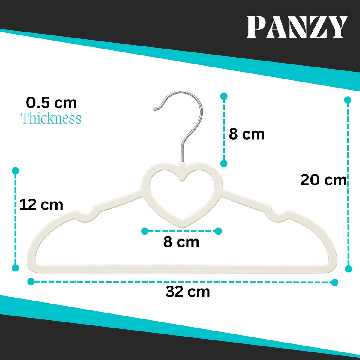 White kids velvet hanger with heart design and measurement details on a Panzy branded background