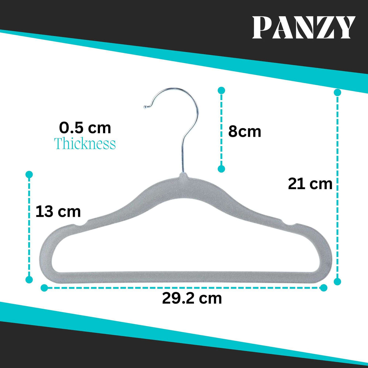 Gray kids velvet hanger with measurements on a white background, featuring the brand 'Panzy'.