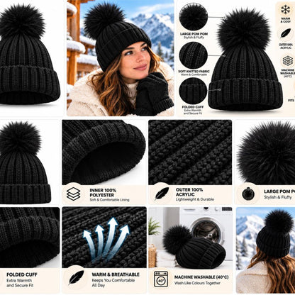 Women's Winter Ribbed Beanie with Faux Fur Pom Pom | Heat Machine Thermal Knit Hat