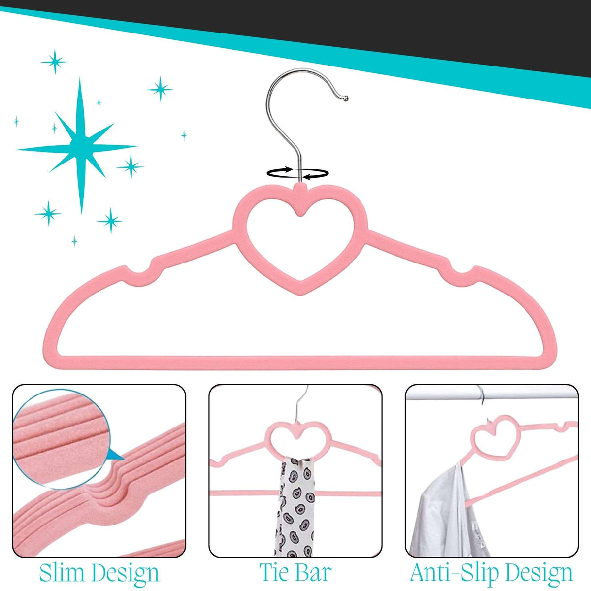 Pink kids velvet hanger with heart design, showing features like slim design, tie bar, and anti-slip design on a white background.
