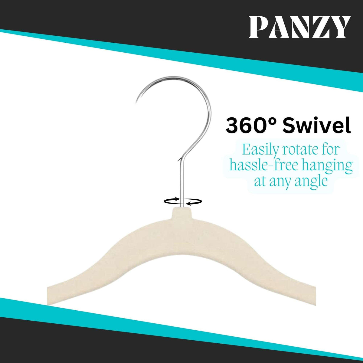 Beige kids velvet hanger with 360-degree swivel feature on a Panzy branded background