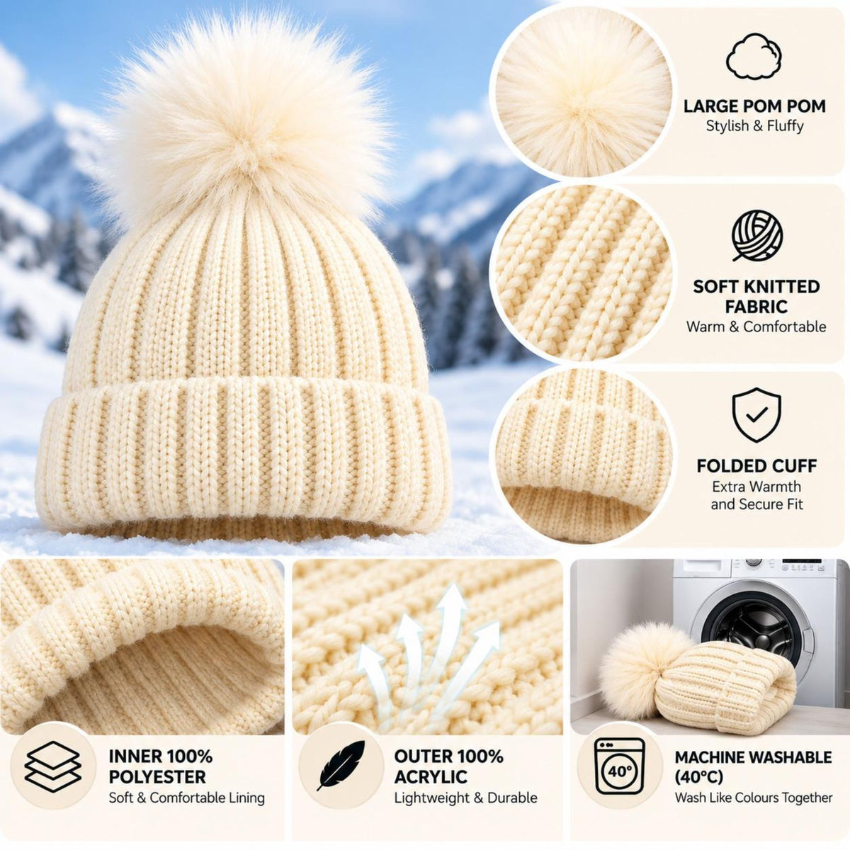 Women's Winter Ribbed Beanie with Faux Fur Pom Pom | Heat Machine Thermal Knit Hat