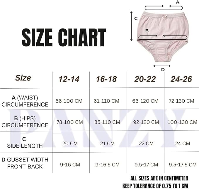 Size chart for women's underwear with measurements in centimeters