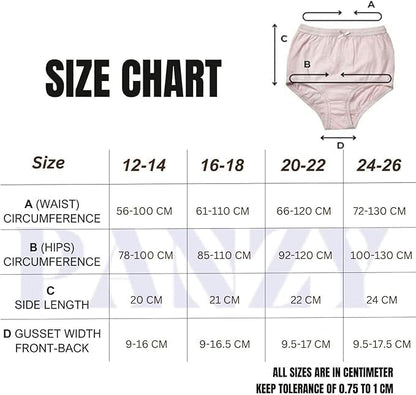 Size chart for women's underwear with measurements in centimeters
