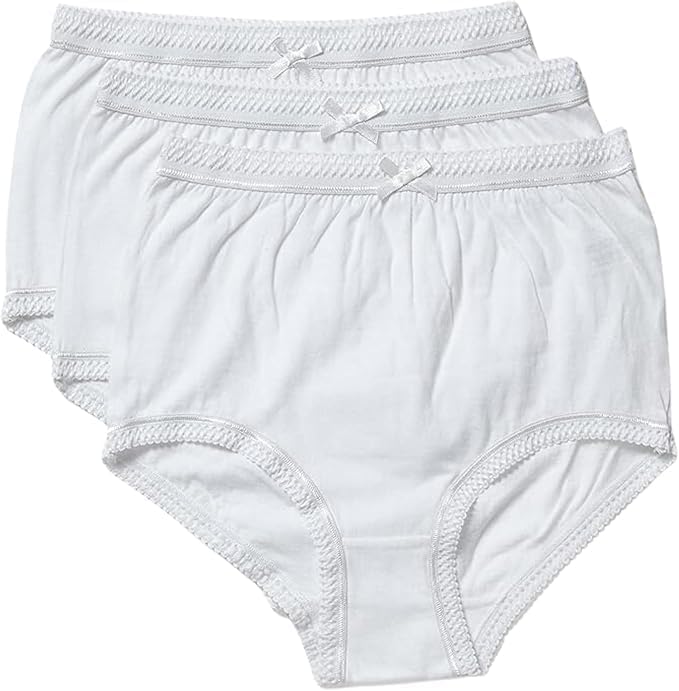 Three pairs of white women's underwear with lace trim on a white background