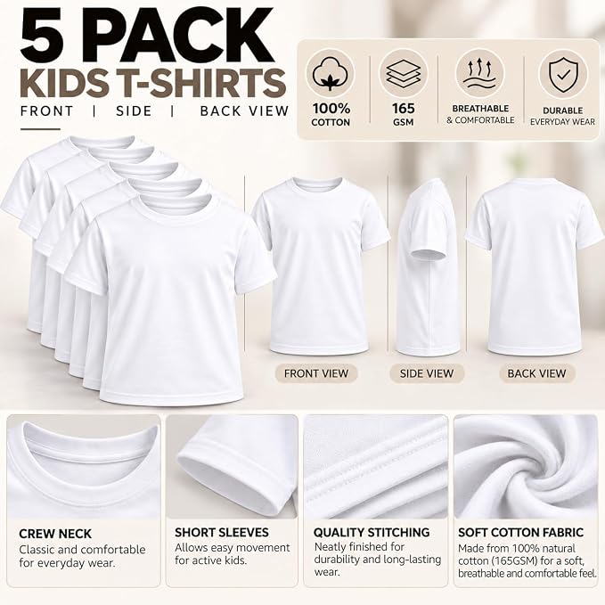 Kids' Plain Cotton T-Shirts, Ages 5–13