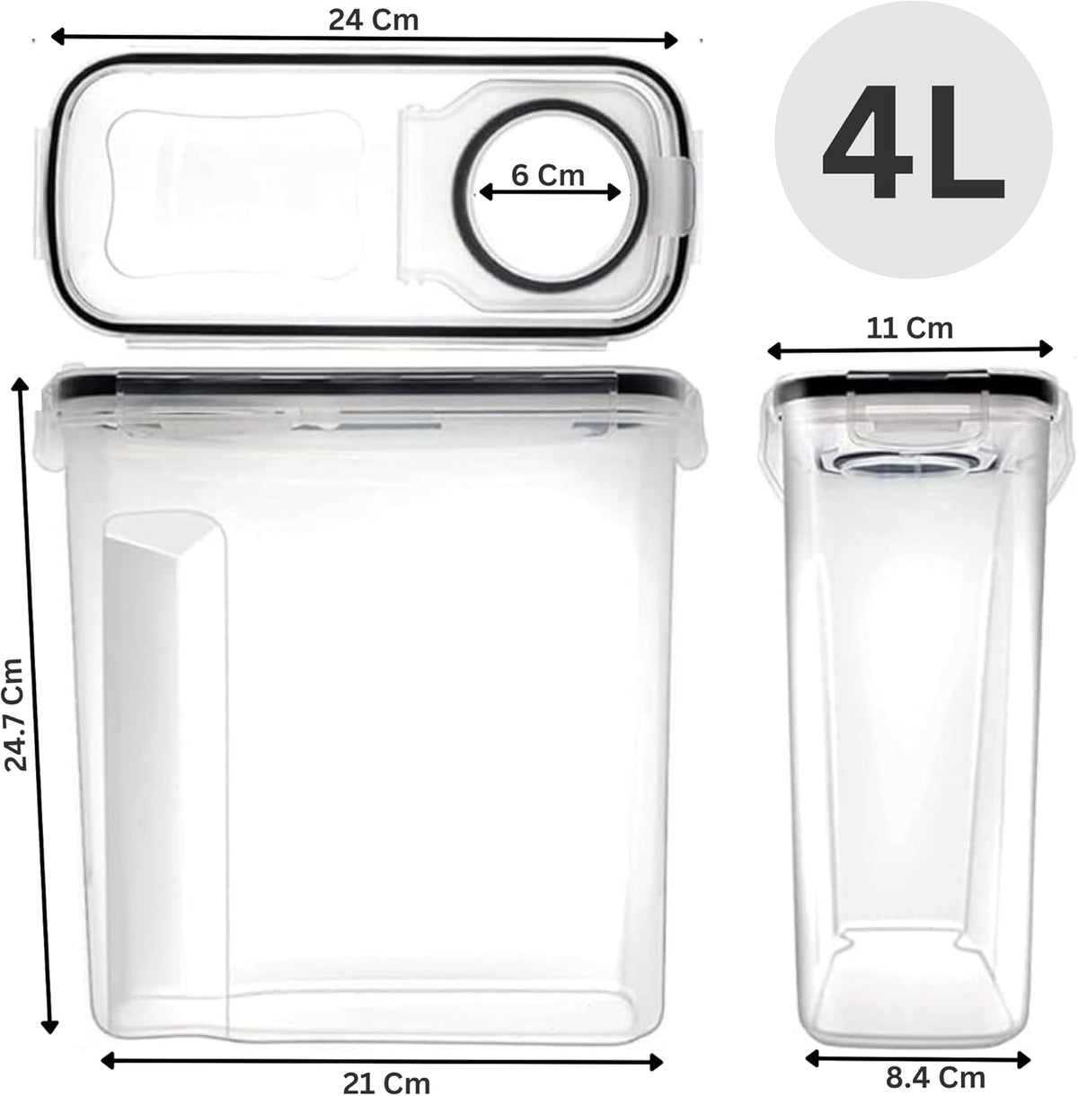 Clear storage container with dimensions labeled on a white background