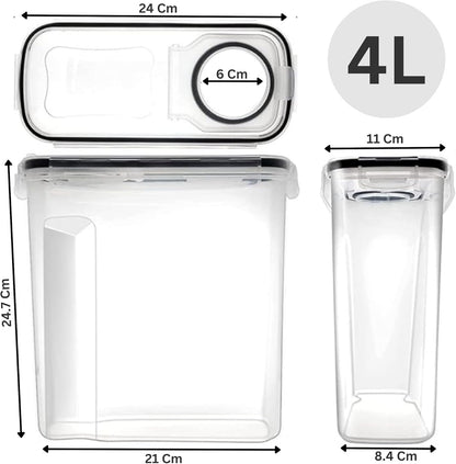 Clear storage container with dimensions labeled on a white background