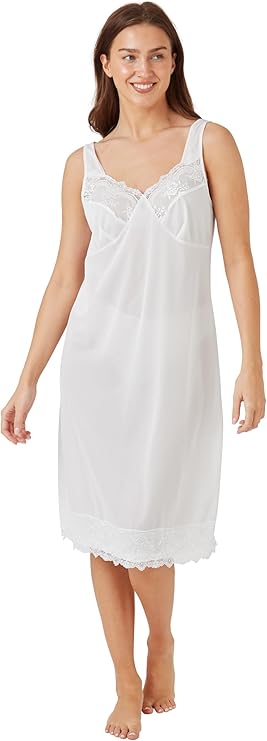 Woman wearing a white ful slip nightgown on a white background