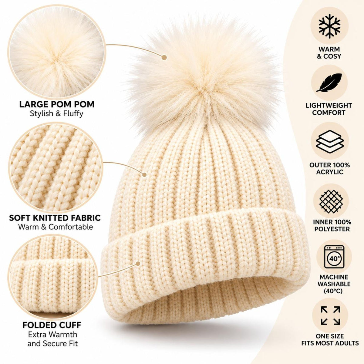 Women's Winter Ribbed Beanie with Faux Fur Pom Pom | Heat Machine Thermal Knit Hat