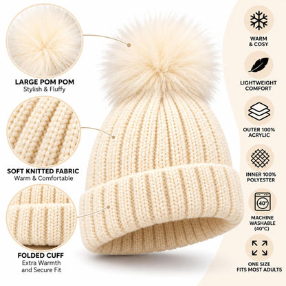 Women's Winter Ribbed Beanie with Faux Fur Pom Pom | Heat Machine Thermal Knit Hat