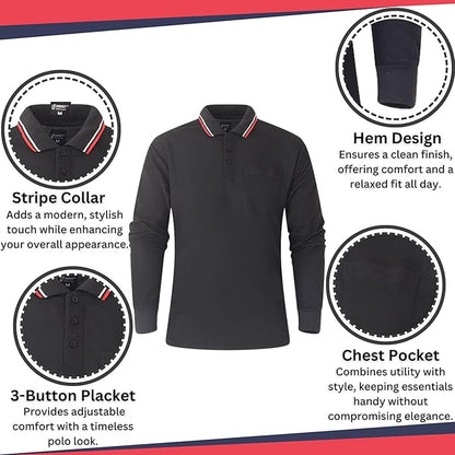 Men’s long sleeve polo shirt stripe collar, hem design, 3-button placket, chest pocket