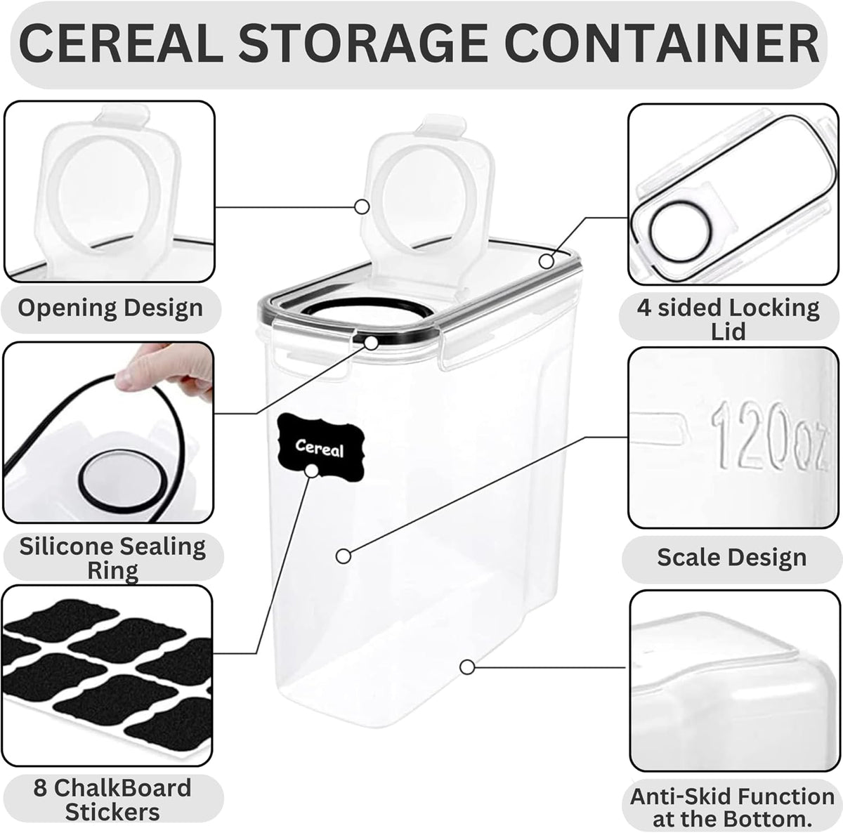 Cereal storage container with features highlighted