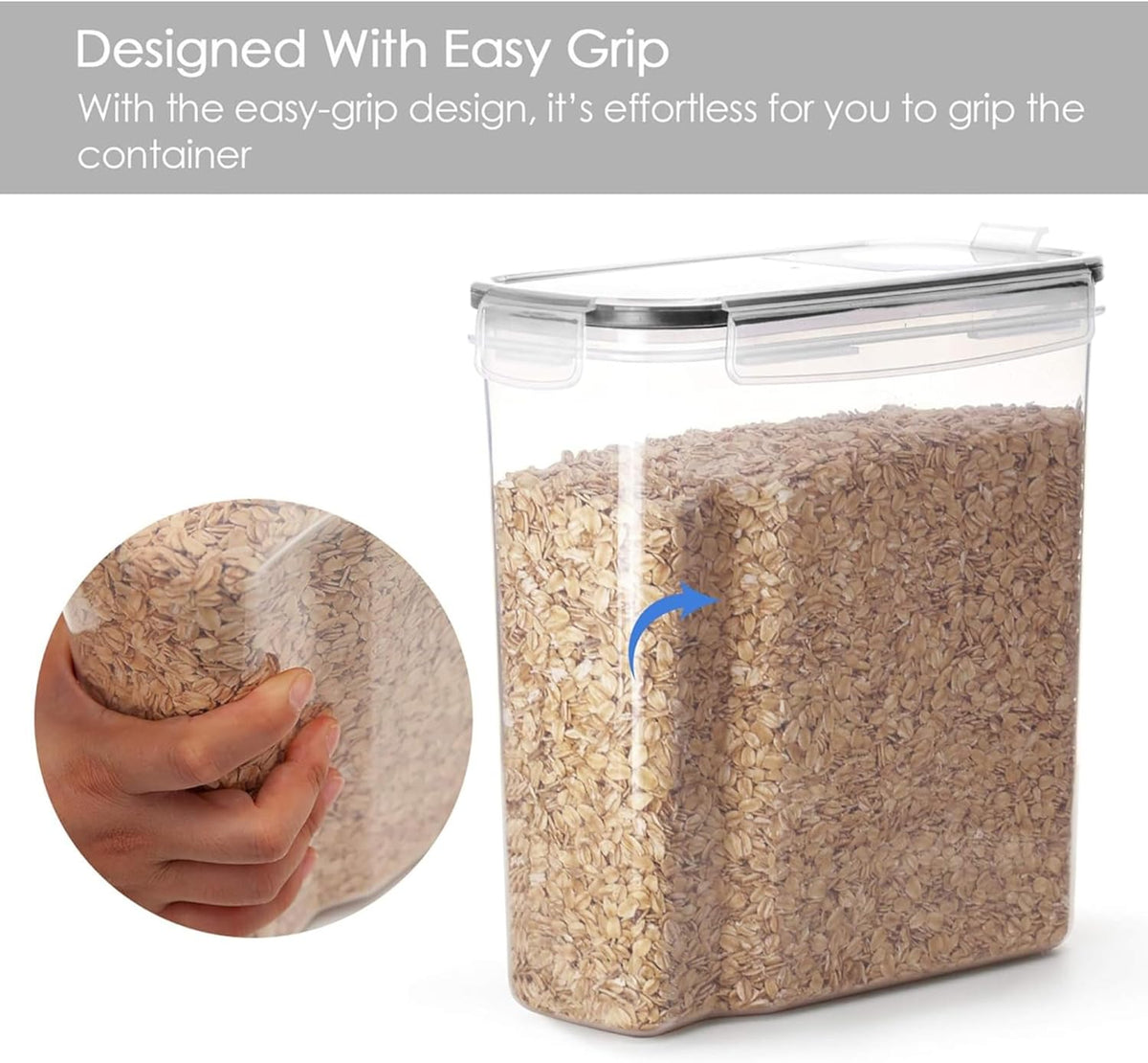 Clear container with oatmeal contents and easy-grip design highlighted