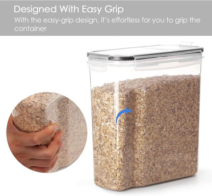 Clear container with oatmeal contents and easy-grip design highlighted