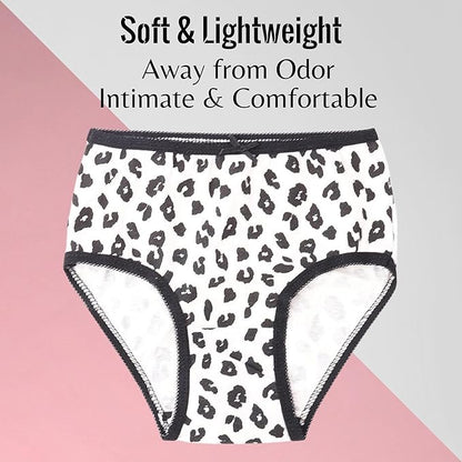 Leopard print kid girl underwear on a pink and gray background with text about comfort and odor control.