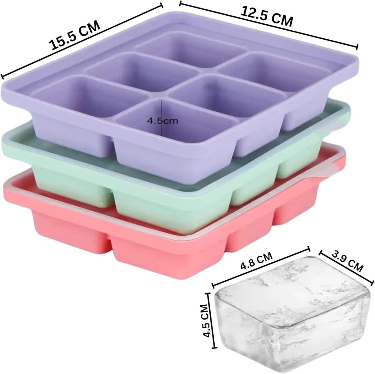 Ice Cube Tray length 15.5cm, wirth 12.5cm & ice length 4.8cm, wirth 3.9cm, hight 4.5cm
