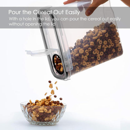 Cereal container with a hole in the lid being used to pour cereal into a bowl.