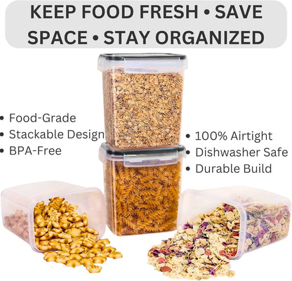 Stackable food storage containers with dry goods, text highlighting benefits on a white background