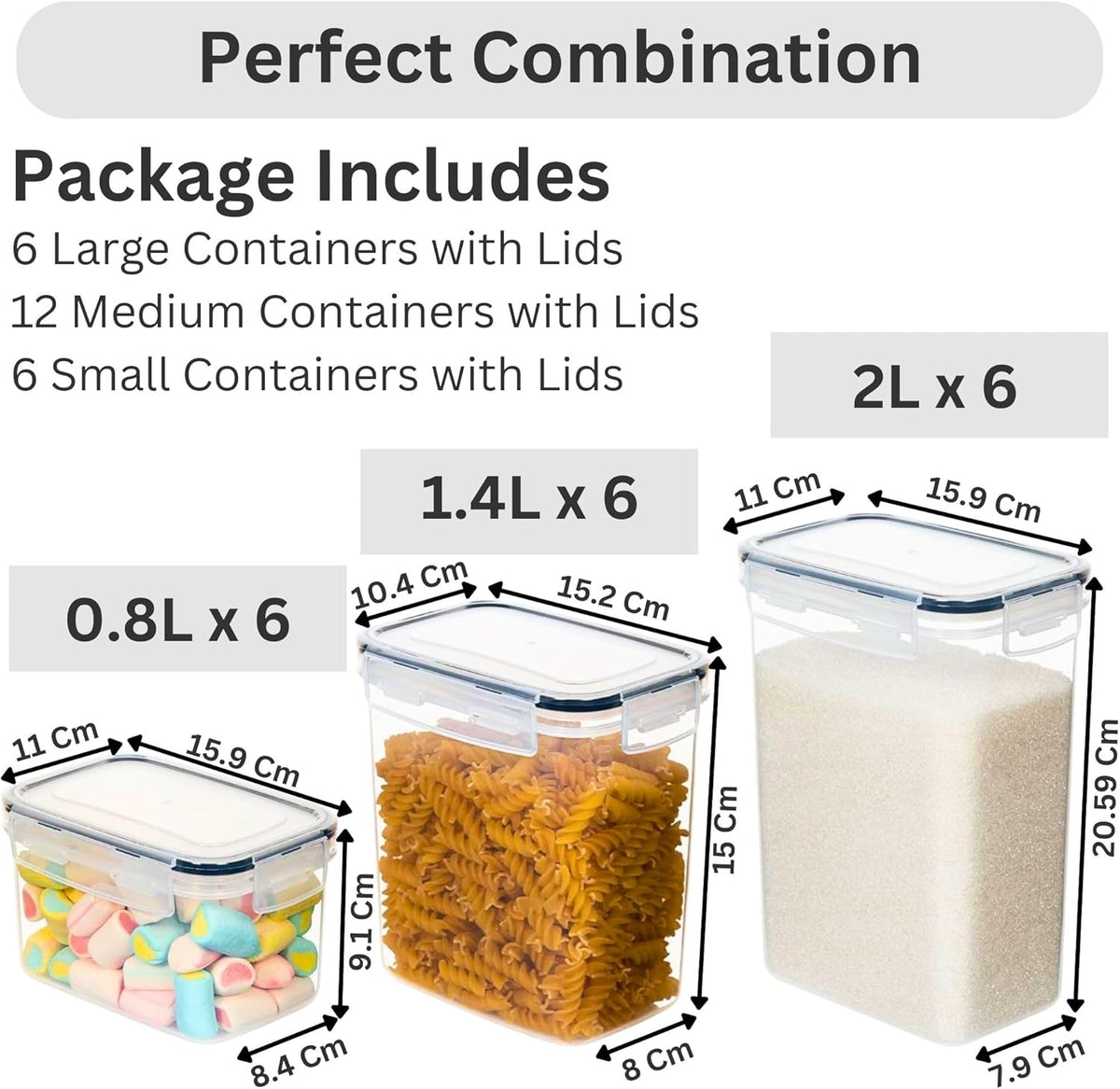 Packaging details of storage containers with sizes and quantities shown.