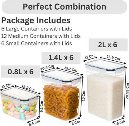 Packaging details of storage containers with sizes and quantities shown.