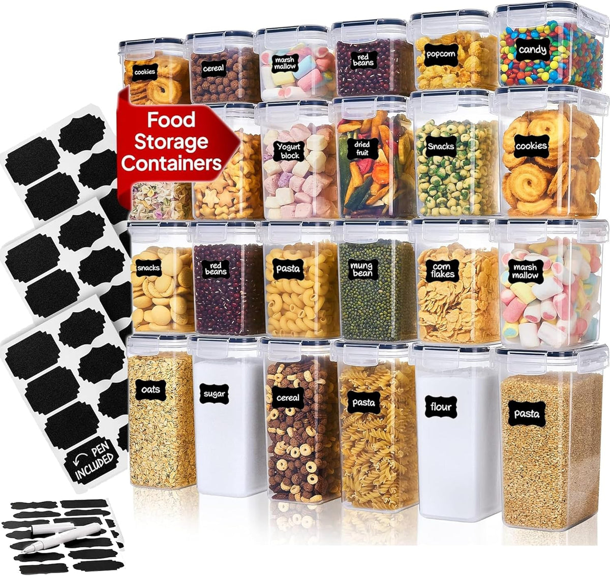 4 Pack Food Storage Containers - BPA Free, 33.6L Airtight Kitchen Storage for Cereal, Flour, Sugar & Baking Supplies with 24 Labels