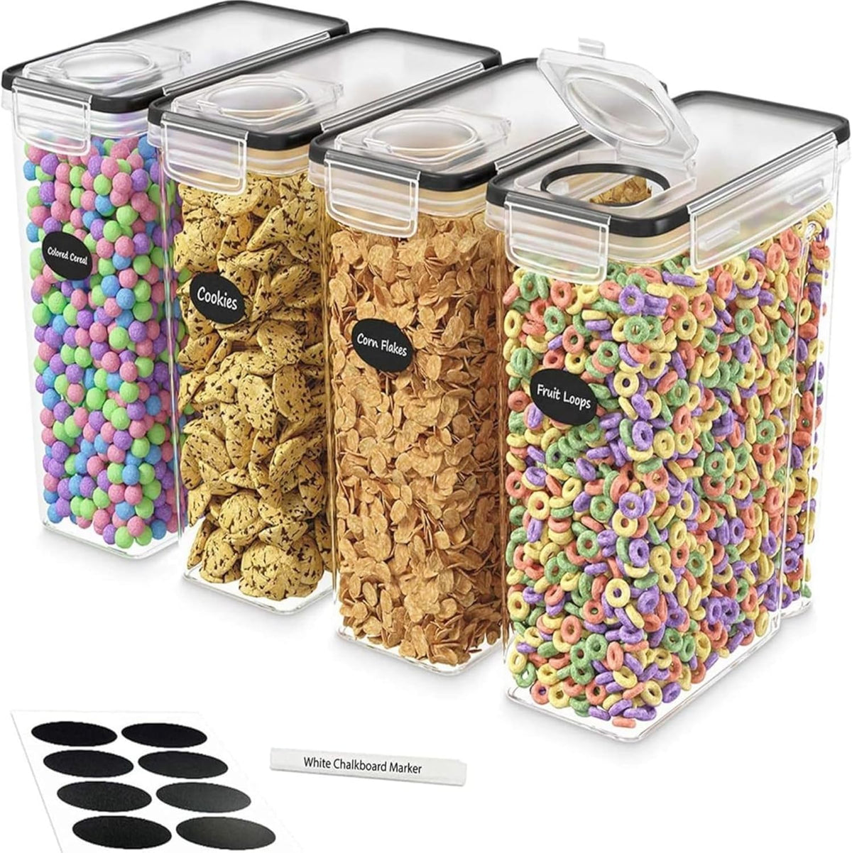Set of four clear Cereal storage containers with labels and a marker, filled with various snacks.