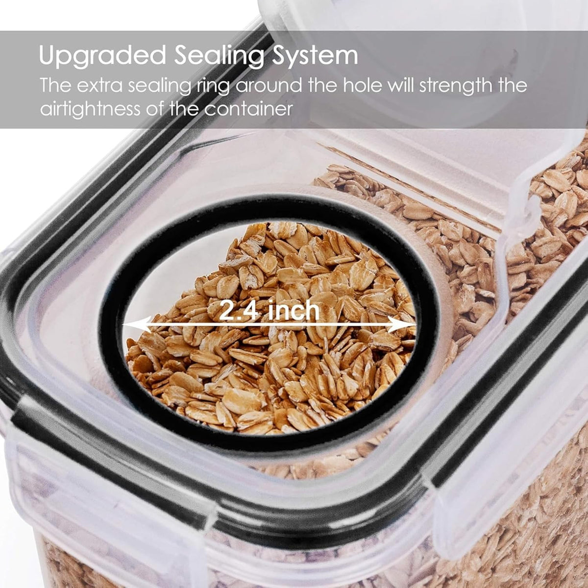 Container with oats and text about upgraded sealing system