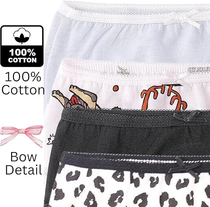 Three pairs of kid girl underwear with different prints and a bow detail, featuring 100% cotton text.