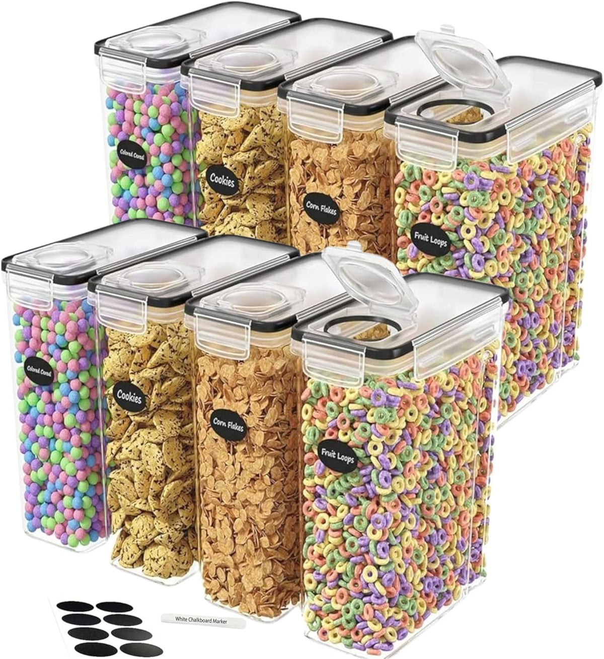 Set of clear food storage containers with labeled lids filled with various snacks on a white background.