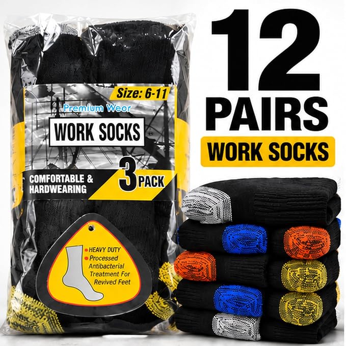 Panzy 12 Pairs Mens Work Socks for Work, Sports, Trekking, Walking