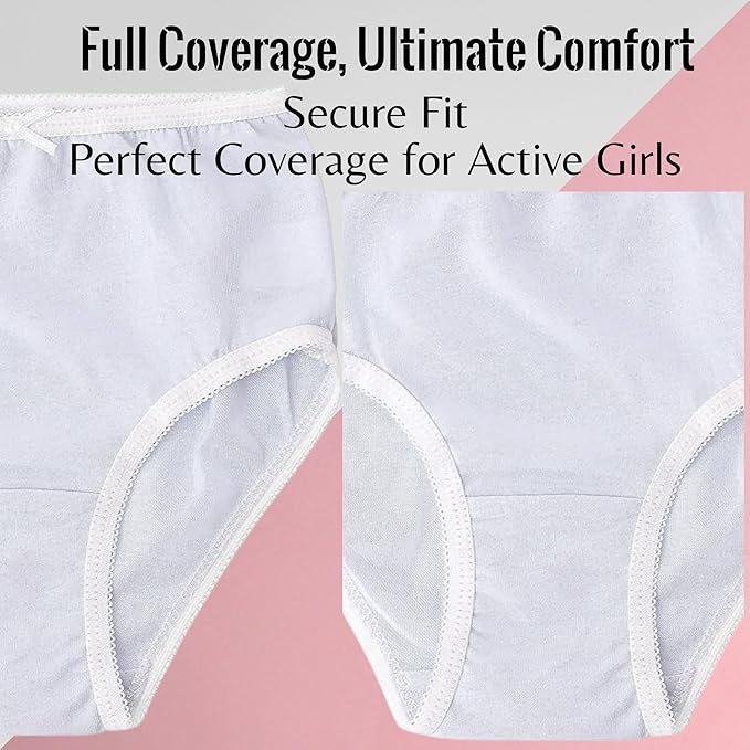 White kid girl underwear with text highlighting full coverage, comfort, and fit on a pink background