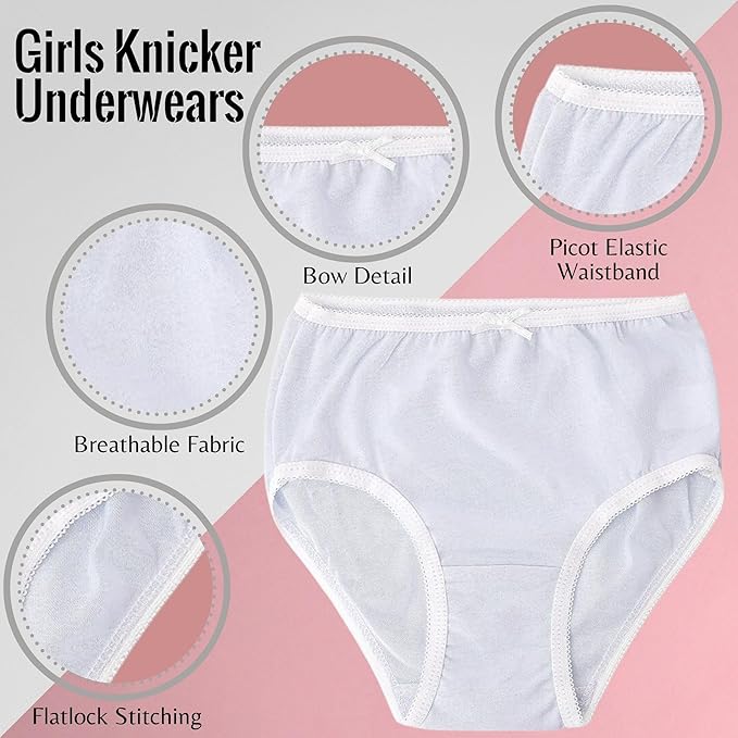 White girls' knicker underwear with features highlighted on a pink and gray background