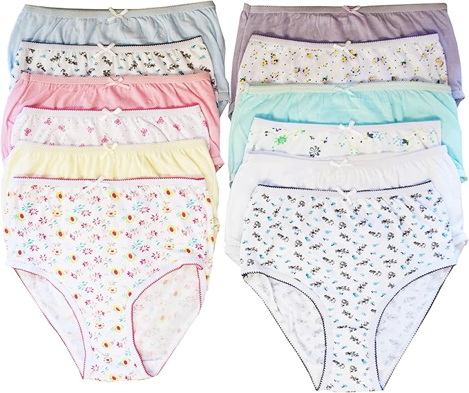 Set of kid girl's floral-patterned underwear in various colors on a white background