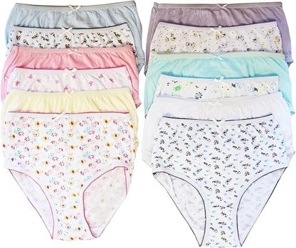 Set of kid girl's floral-patterned underwear in various colors on a white background