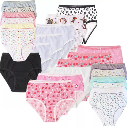 Assorted kid girl's underwear with various patterns on a white background