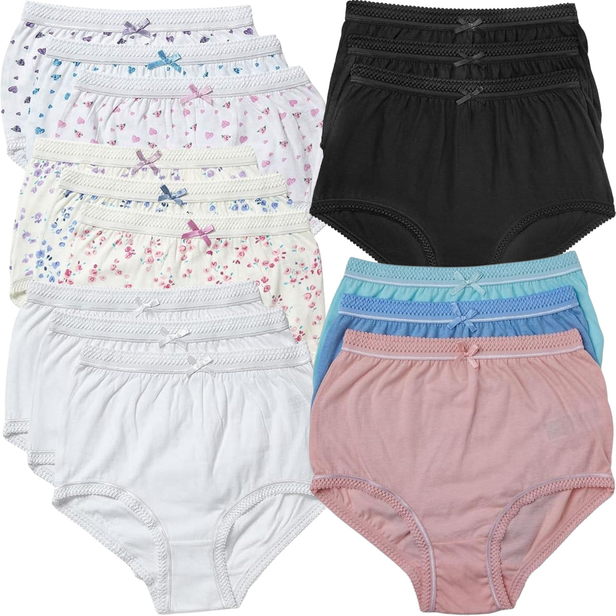 Set of colorful women's underwear in various patterns and colors.