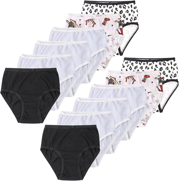 Set of kid girl's underwear including black, white, and patterned designs on a white background