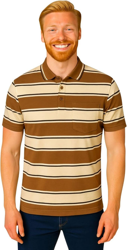 Men's short sleeve striped polo shirt brown_beige_black colour