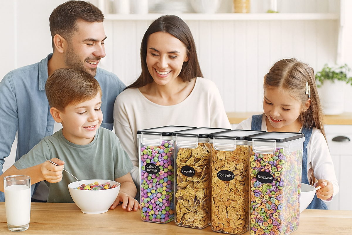 Family of four at a kitchen table with colorful storage containers.