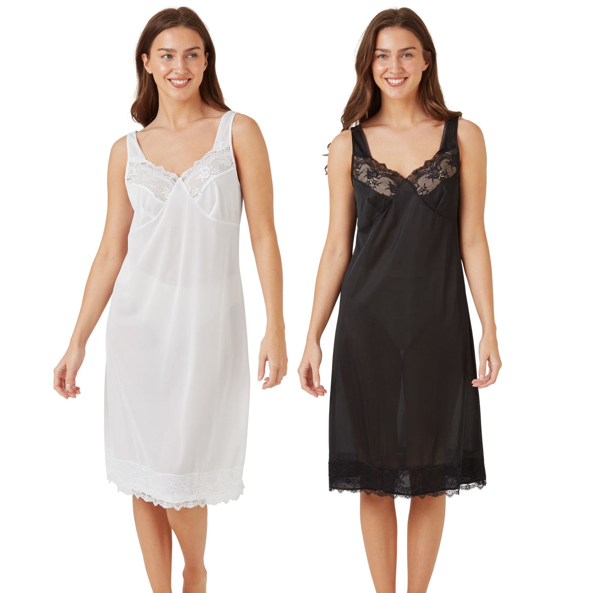 Two women wearing white and black nightgowns full slips on a white background