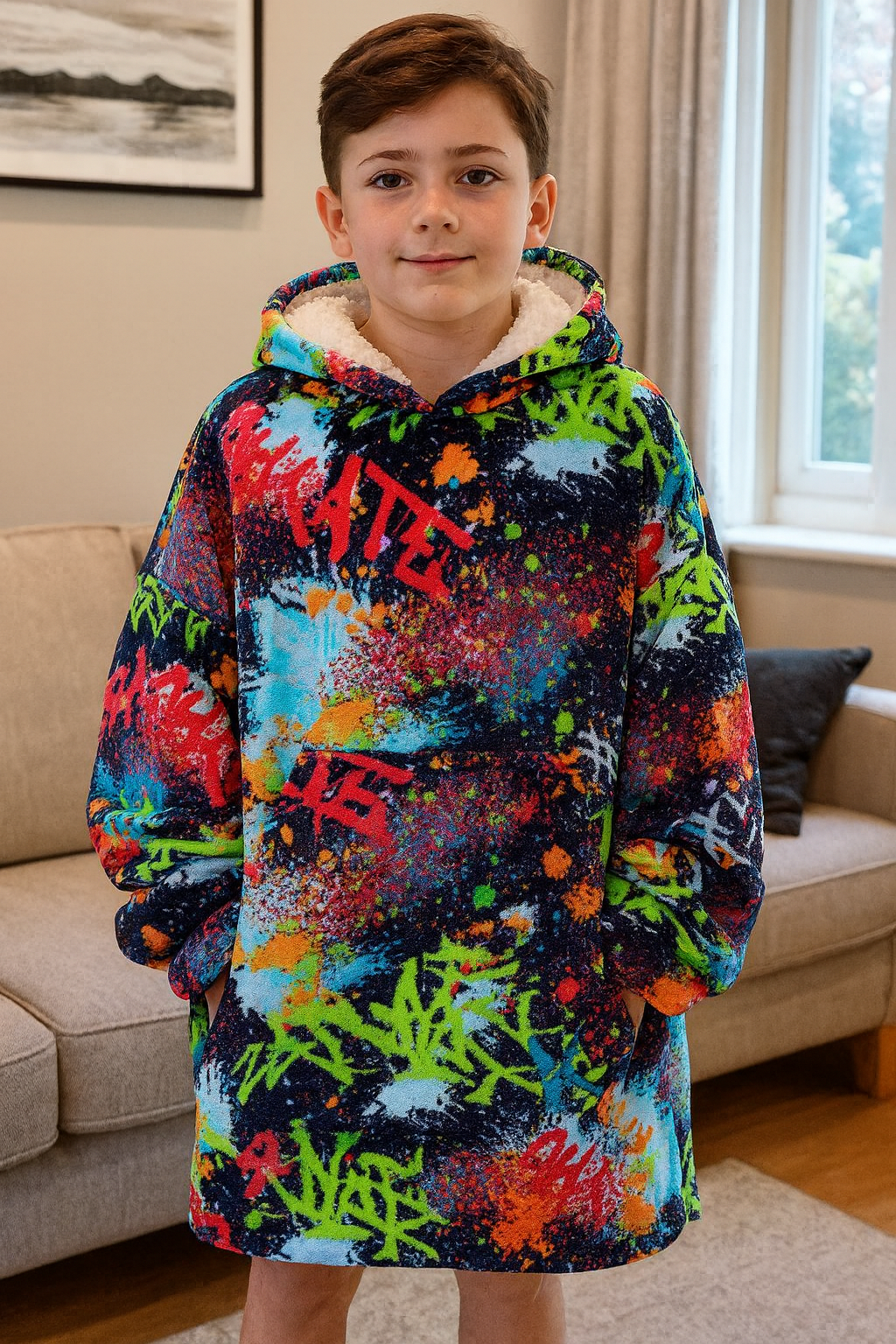 Child wearing a colorful hoodie with graffiti design in a living room.