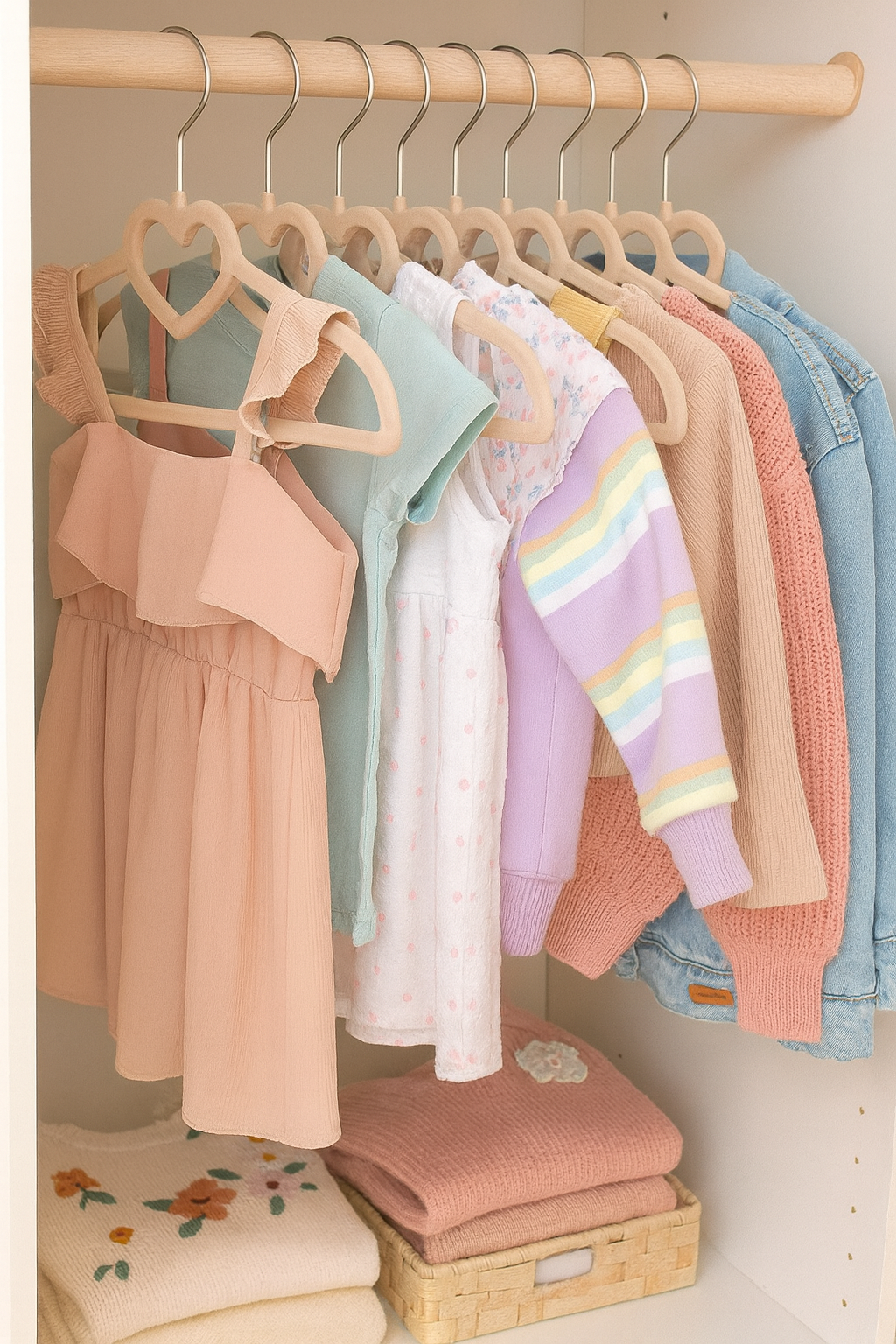 Pastel-colored clothing on hangers in a closet with a basket of folded clothes.